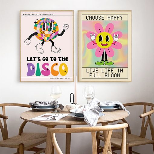 Let s Go To The Disco Quote Canvas Print Art Poster Colorful Positive Abstract Sunflower Wall