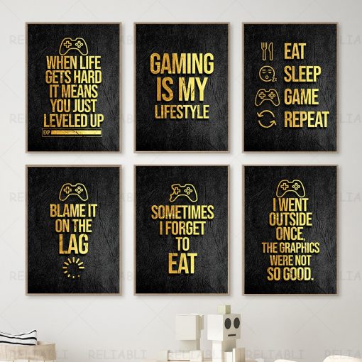 Modern Abstract Gaming Gamer Quotes Canvas Posters Black Golden Game Painting Wall Art for Living Room