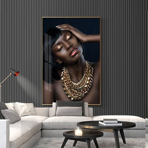 Modern Nude African Woman Canvas Painting Luxury Gold Necklace Queen Wall Pictures for Living Room Home 4
