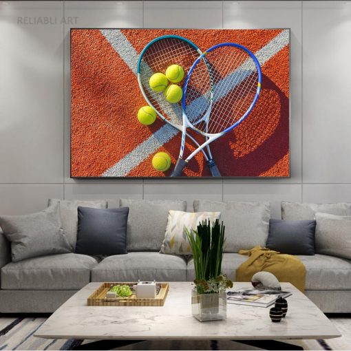 Modern Tennis Racket and Ball Canvas Painting Wall Art Sports Wall Pictures Red Green Playground Posters 1