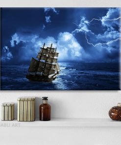 Mysterious Start Night Canvas Painting Wall Art Ship and Moon on Blue Sea Landscape Posters and 1
