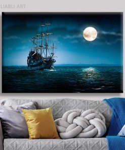 Mysterious Start Night Canvas Painting Wall Art Ship and Moon on Blue Sea Landscape Posters and 2