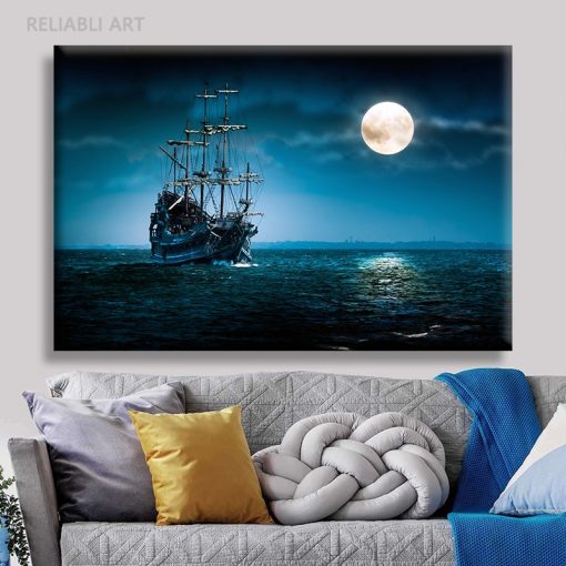Mysterious Start Night Canvas Painting Wall Art Ship and Moon on Blue Sea Landscape Posters and 2