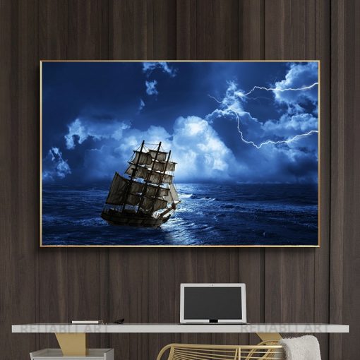 Mysterious Start Night Canvas Painting Wall Art Ship and Moon on Blue Sea Landscape Posters and 3