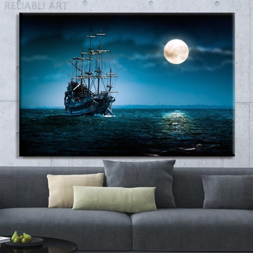 Mysterious Start Night Canvas Painting Wall Art Ship and Moon on Blue Sea Landscape Posters and
