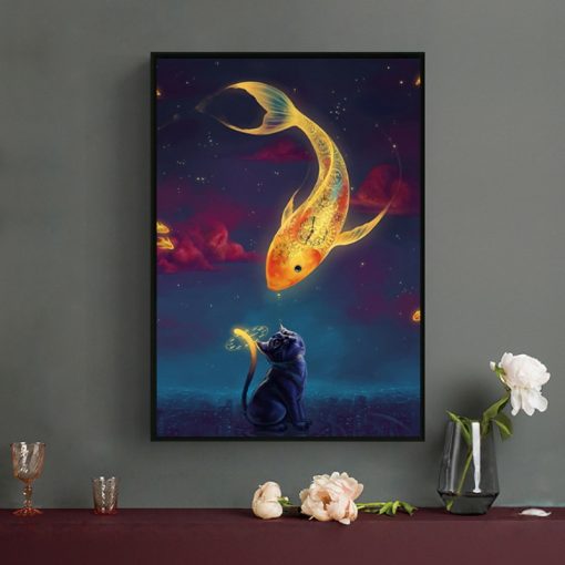 Nordic Animal Prints Cat and Golden Fish Clouds Clock Canvas Painting Wall Art Pictures for Kids