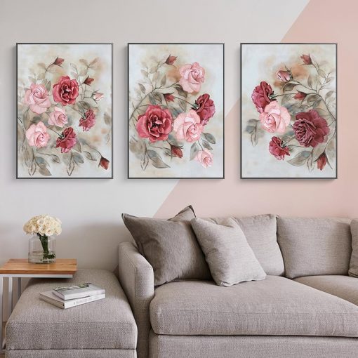 Nordic Prints Posters Vintage Red Pink Flower Rose Peony Wall Art Canvas Painting Retro Floral Wall 1