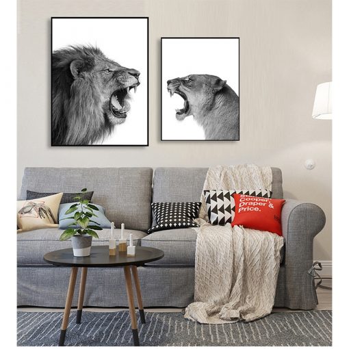 Nursery Wall Art Picture for Living Room Lion and Lioness Canvas Black White Woodlands Animal Wall