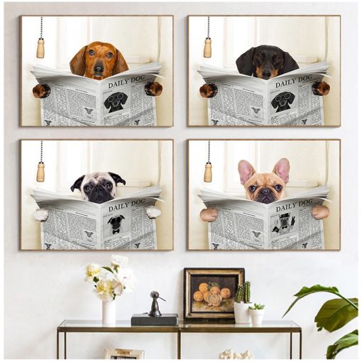 Picture Home Bathroom Decor Dogs Lover Gift Dog Reading Newspaper Toilet Wall Art Canvas Prints Funny 2