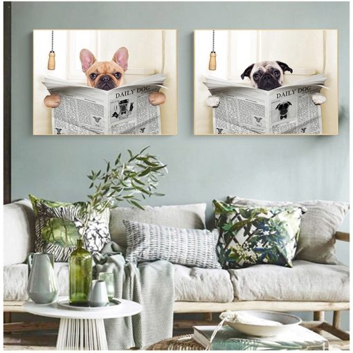 Picture Home Bathroom Decor Dogs Lover Gift Dog Reading Newspaper Toilet Wall Art Canvas Prints Funny 3