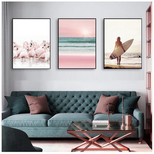 Posters And Prints Wall Pictures For Living Room Decor Pink Beach Flamingo Palm Tree Surfboard Wall 1