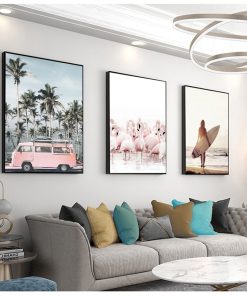 Posters And Prints Wall Pictures For Living Room Decor Pink Beach Flamingo Palm Tree Surfboard Wall 3