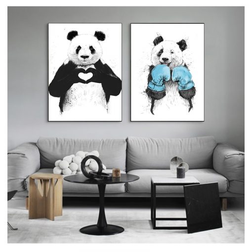 Prints Panda Heart Gesture Boxing Wall Art Posters Nursery Picture for Kids Room Decor Baby Room