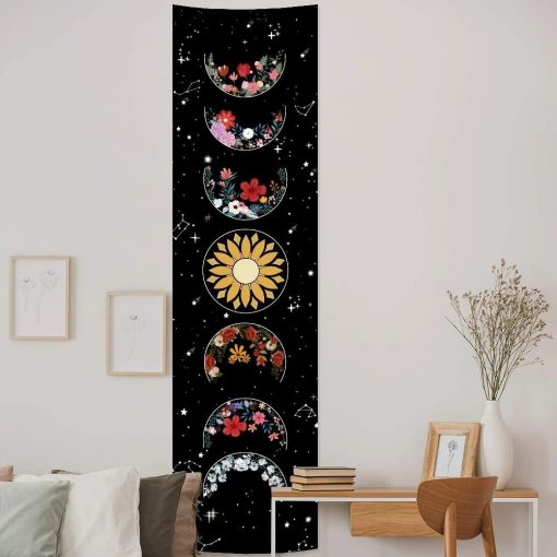 Psychedelic Moon Phase Tapestry Black and White Wall Hanging Moon Floral Throw Blanket Home Decor Wall 1