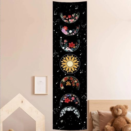 Psychedelic Moon Phase Tapestry Black and White Wall Hanging Moon Floral Throw Blanket Home Decor Wall