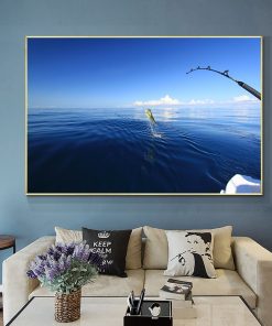 Row of Five Fishing Rod Blue Seascape Canvas Painting for Living Room Fishing Tackle Artwork Poster 3