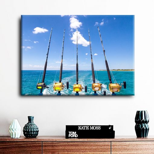 Row of Five Fishing Rod Blue Seascape Canvas Painting for Living Room Fishing Tackle Artwork Poster