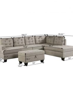 Sofa 3 Piece Sectional Sofa with Chaise Lounge and Storage Ottoman L Shape Couch Living Room 4