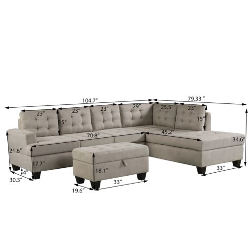 Sofa 3 Piece Sectional Sofa with Chaise Lounge and Storage Ottoman L Shape Couch Living Room 4