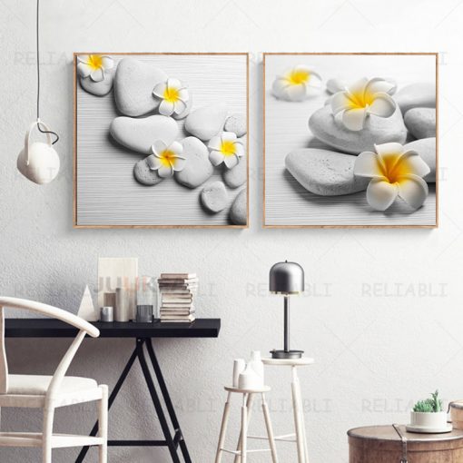 Vintage Yellows Flowers Spa Canvas Painting Wall Art Zen Stone Posters and Prints for Bathroom Wall 1