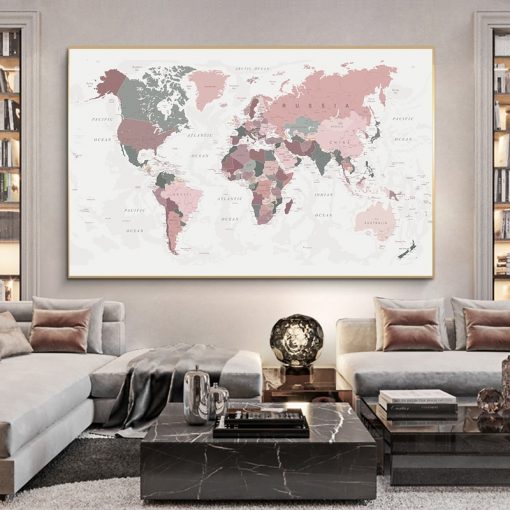 World Map Poster Print Pink Colors Wall Art Canvas Painting Big Size Wall Picture for Living 2