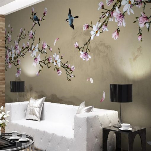 wellyu Customized large scale murals new Chinese style hand painted magnolia flowers and birds green background 1