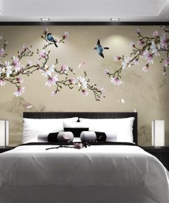 wellyu Customized large scale murals new Chinese style hand painted magnolia flowers and birds green background 2