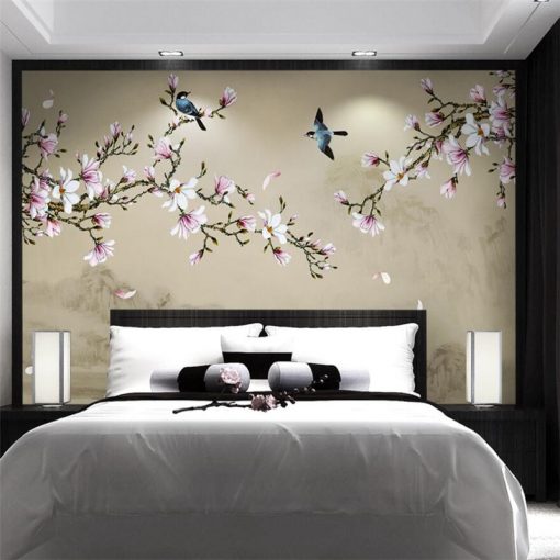 wellyu Customized large scale murals new Chinese style hand painted magnolia flowers and birds green background 2