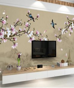 wellyu Customized large scale murals new Chinese style hand painted magnolia flowers and birds green background 3