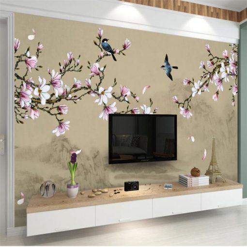 wellyu Customized large scale murals new Chinese style hand painted magnolia flowers and birds green background 3