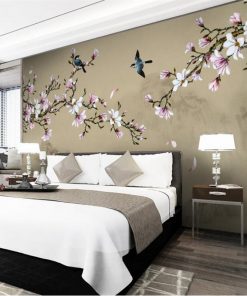 wellyu Customized large scale murals new Chinese style hand painted magnolia flowers and birds green background 4