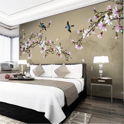 wellyu Customized large scale murals new Chinese style hand painted magnolia flowers and birds green background 4