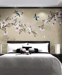 wellyu Customized large scale murals new Chinese style hand painted magnolia flowers and birds green background 5