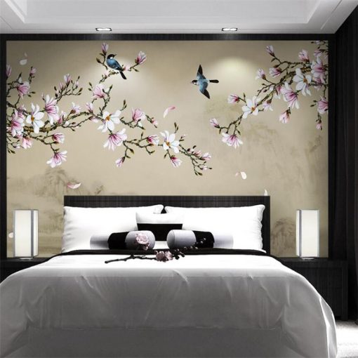 wellyu Customized large scale murals new Chinese style hand painted magnolia flowers and birds green background 5