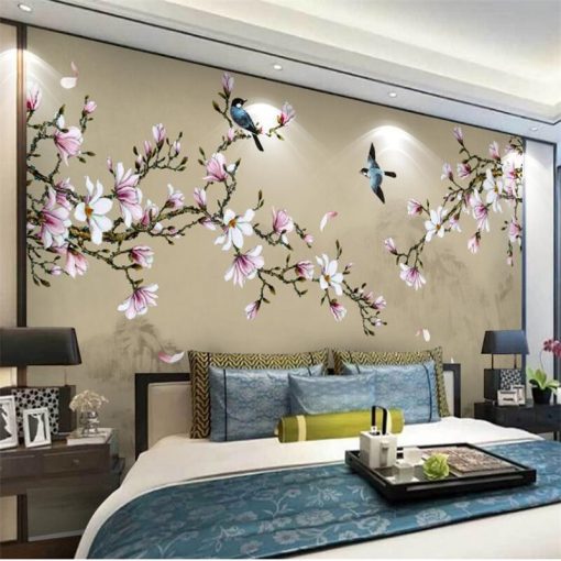 wellyu Customized large scale murals new Chinese style hand painted magnolia flowers and birds green background