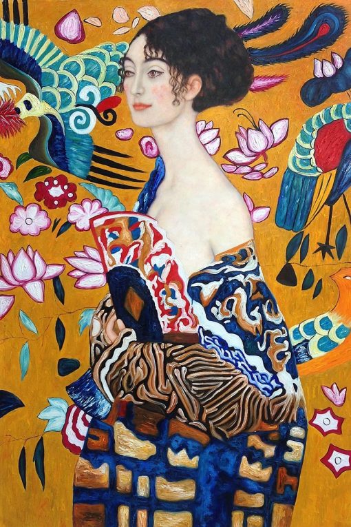 Bedroom Arts Canvas Oil Painting Woman Portrait Signora con Ventaglio Interpretation by Gustav Klimt Paintings Reproduction