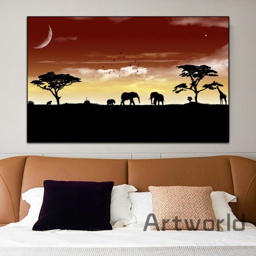 Canvas Painting African Savannah Animals Lion Elephants Landscape Wall Pictures Posters and Prints for Living Room 3