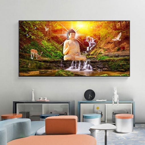 Golden Buddha Poster Modern Religious Canvas Painting Buddhism Bamboo Forest Zen Wall Art Pictures Prints Cuadros 4