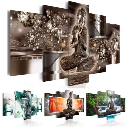 HD Hot Sell Fashion Wall Art Canvas Painting 5 Pieces Buddha Zen Meditation Landscape Waterfall Modern