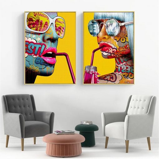 Modern Fashion Girl Drinking Poster Wall Art Paintings Cool Wearing Sunglasses Picture for Home Living Room 1