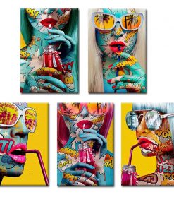 Modern Fashion Girl Drinking Poster Wall Art Paintings Cool Wearing Sunglasses Picture for Home Living Room 2