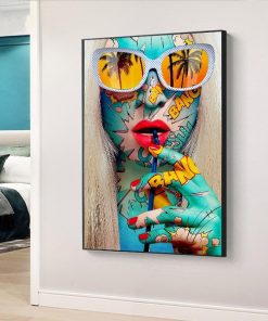 Modern Fashion Girl Drinking Poster Wall Art Paintings Cool Wearing Sunglasses Picture for Home Living Room 4