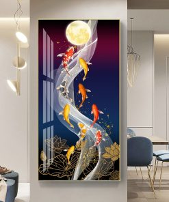 Nordic Luxury Lucky Nine Fish Canvas Painting Feng Shui Koi Posters Lotus Flowers Wall Pictures for 1