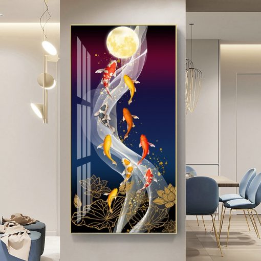 Nordic Luxury Lucky Nine Fish Canvas Painting Feng Shui Koi Posters Lotus Flowers Wall Pictures for 1