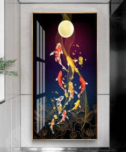 Nordic Luxury Lucky Nine Fish Canvas Painting Feng Shui Koi Posters Lotus Flowers Wall Pictures for 2