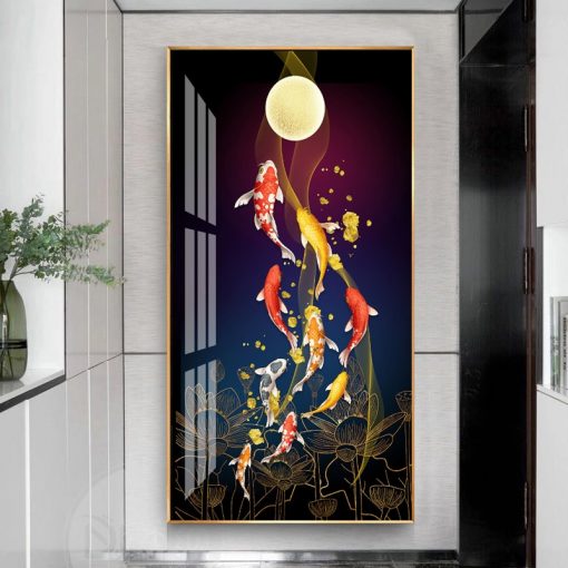 Nordic Luxury Lucky Nine Fish Canvas Painting Feng Shui Koi Posters Lotus Flowers Wall Pictures for 2