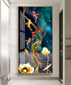 Nordic Luxury Lucky Nine Fish Canvas Painting Feng Shui Koi Posters Lotus Flowers Wall Pictures for 3