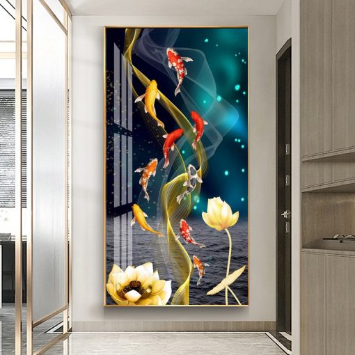 Nordic Luxury Lucky Nine Fish Canvas Painting Feng Shui Koi Posters Lotus Flowers Wall Pictures for 3