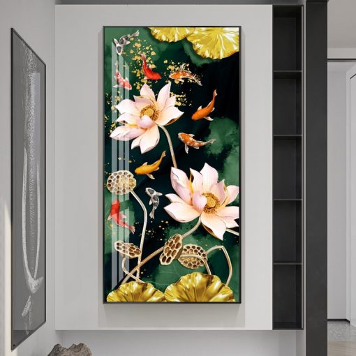 Nordic Luxury Lucky Nine Fish Canvas Painting Feng Shui Koi Posters Lotus Flowers Wall Pictures for