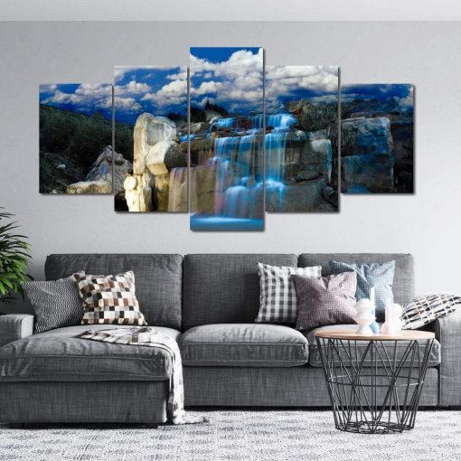 5 Panel Waterfall Wall Pictures Canvas Painting Wall Art Landscape Blue Sky Posters and Prints for 1